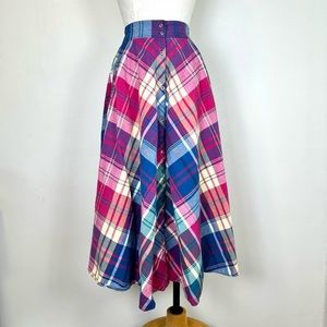 Hunt Club plaid maxi circle skirt button front women’s size 6 spring pink yellow